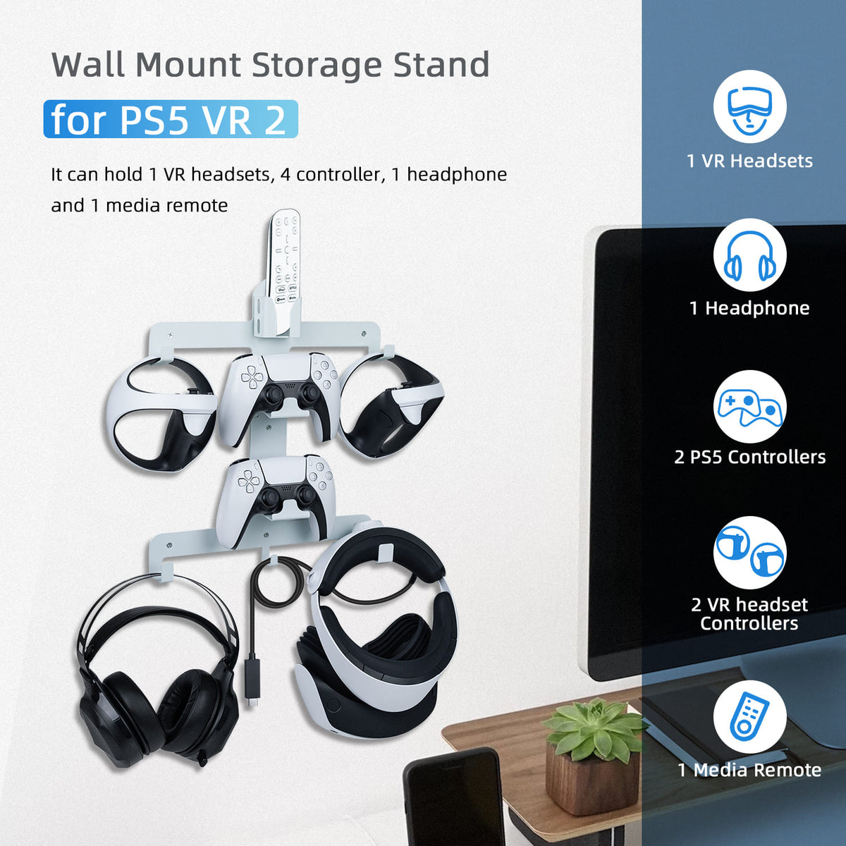  Wall Mount Stand for PS5 VR2 Gaming Accessories, Sturdy Steel  Wall Mount Bracket for PS VR2 Headset, Controllers, Remote and Cable, Game  Organizer with Controller Holder and Headset Stand for PSVR2 