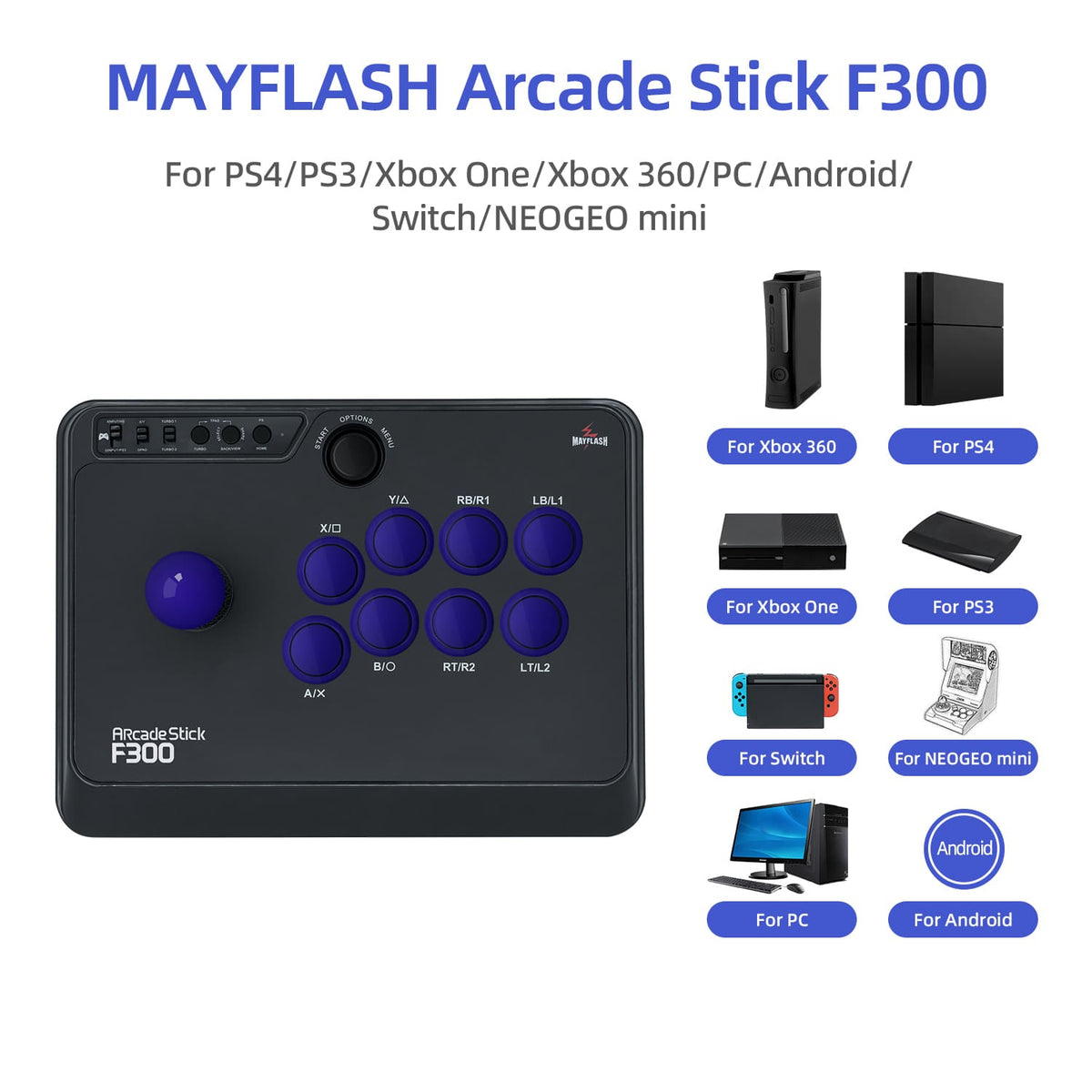 Mayflash Arcade Stick F300 for PC, PS3, X360, PS4, XONE, Android, SW, XONE  X - Bitcoin & Lightning accepted